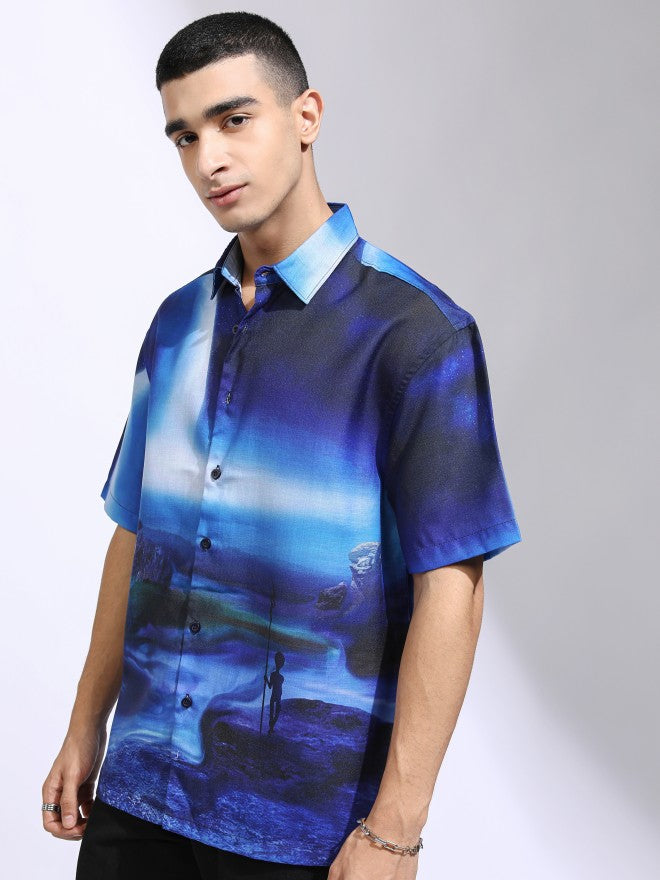 Highlander Men Blue Printed Oversized Fit Casual Shirt - Blue - Image 4