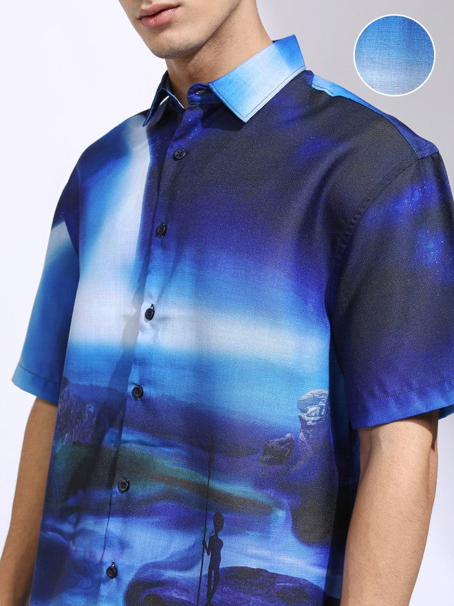 Highlander Men Blue Printed Oversized Fit Casual Shirt - Blue - Image 5