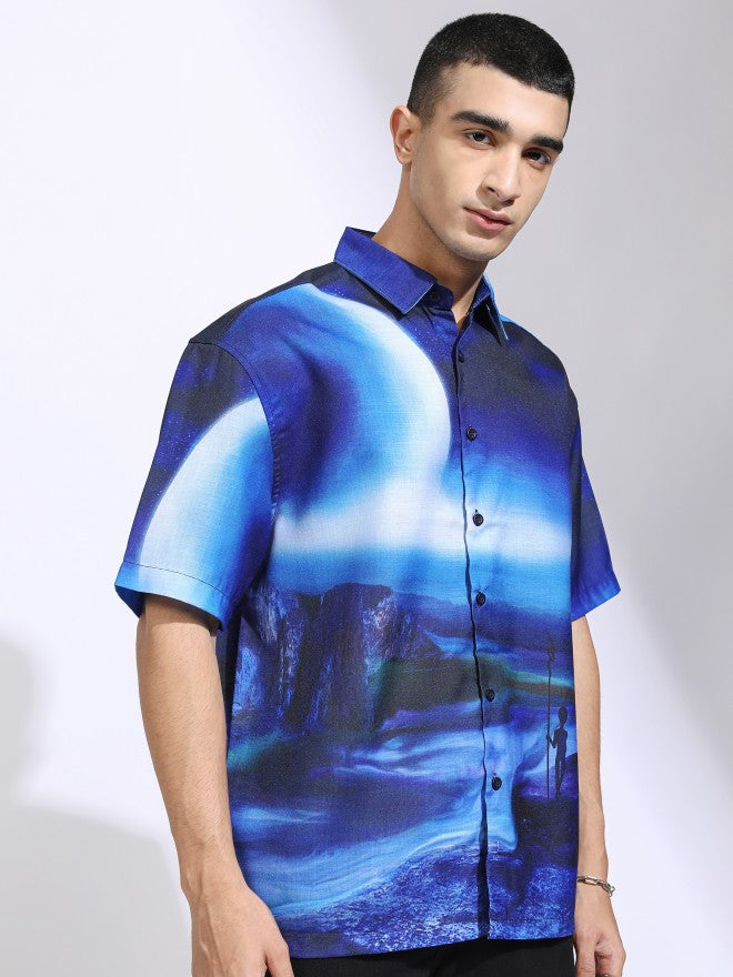 Highlander Men Blue Printed Oversized Fit Casual Shirt - Blue - Image 6