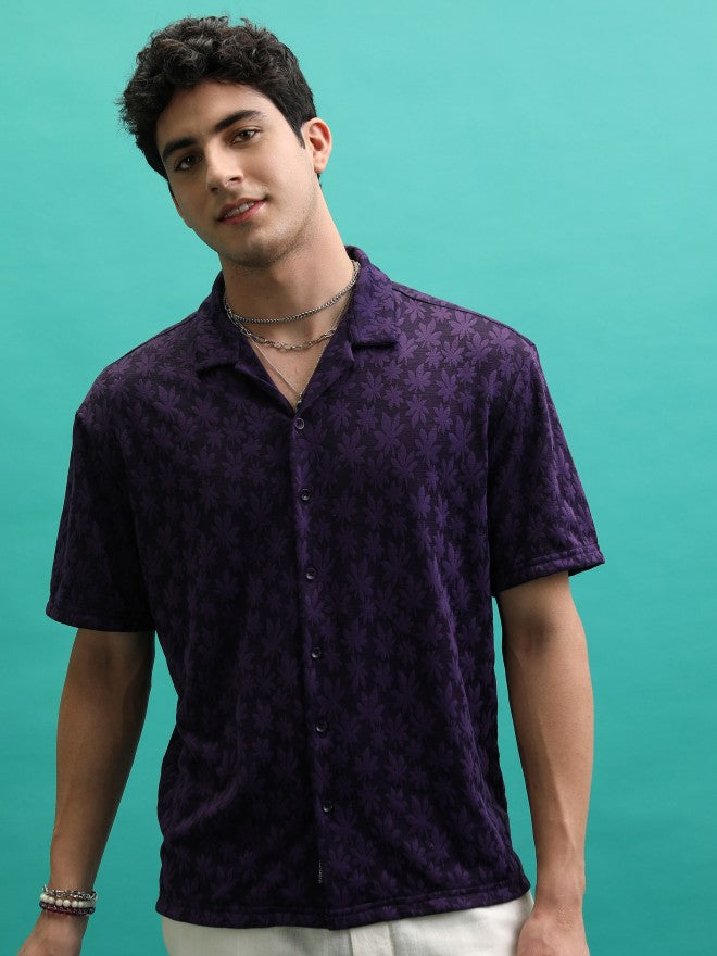 Highlander Men Violet Self Design Regular Fit Casual Shirt - Violet - Image 1