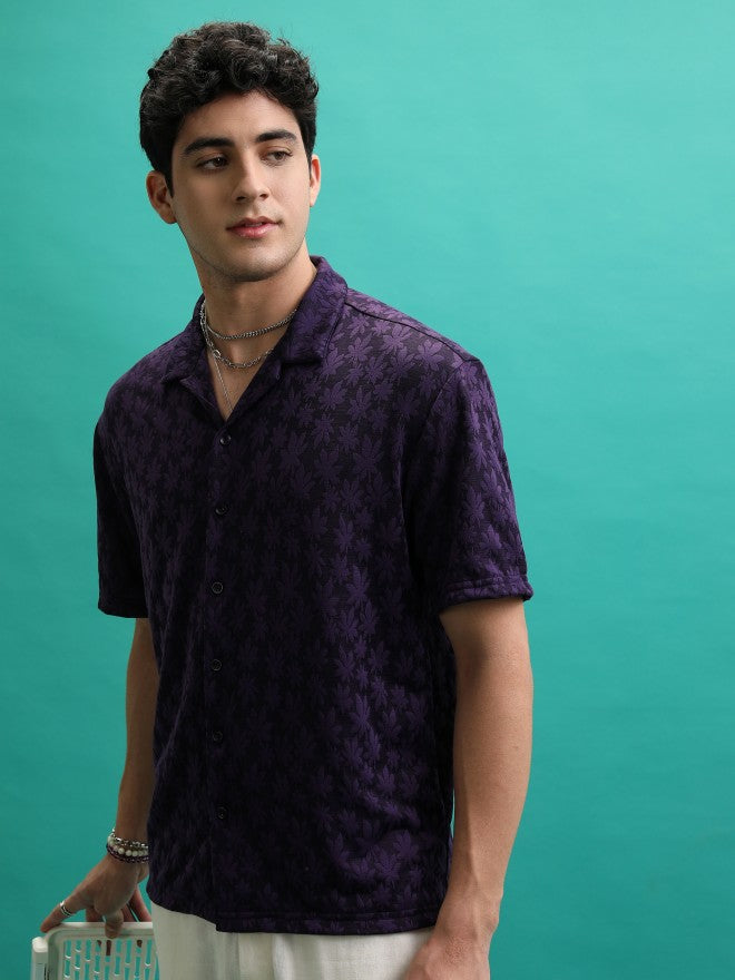 Highlander Men Violet Self Design Regular Fit Casual Shirt - Violet - Image 4