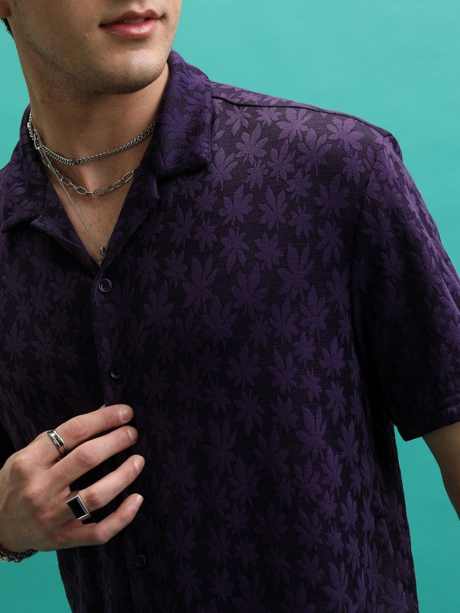 Highlander Men Violet Self Design Regular Fit Casual Shirt - Violet - Image 5