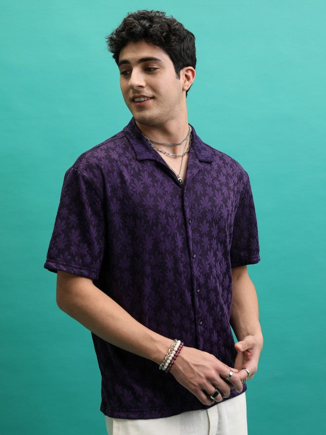 Highlander Men Violet Self Design Regular Fit Casual Shirt - Violet - Image 6