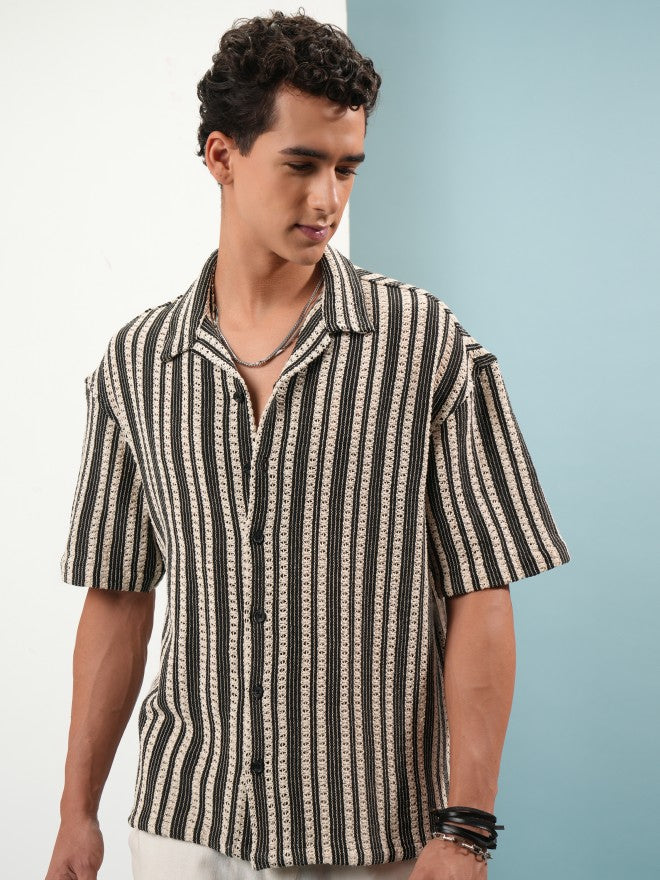 Highlander Men Black Self Design Oversized Fit Casual Shirt - Black - Image 7