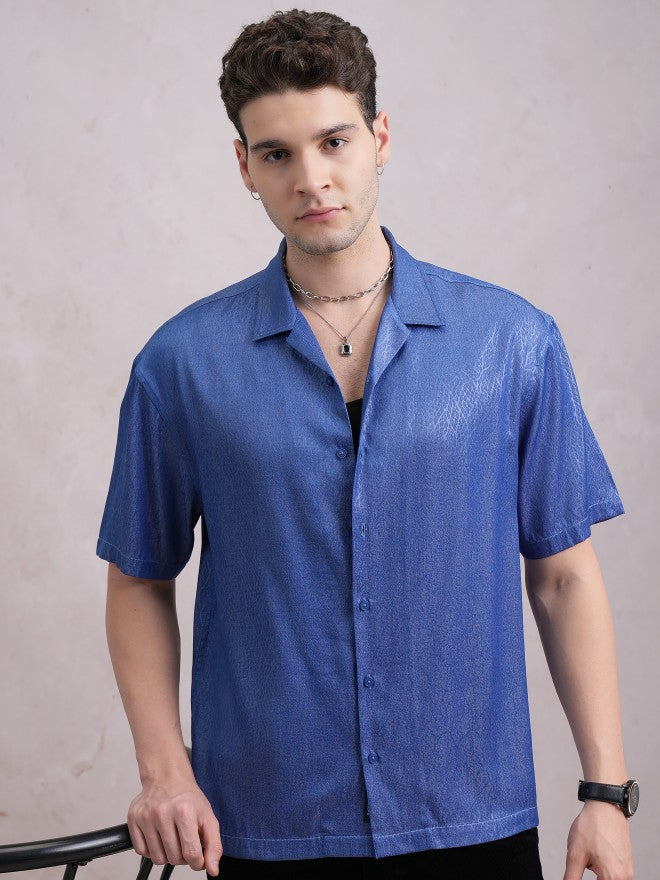 Highlander Men Blue Self Design Oversized Fit Casual Shirt - Blue - Image 1