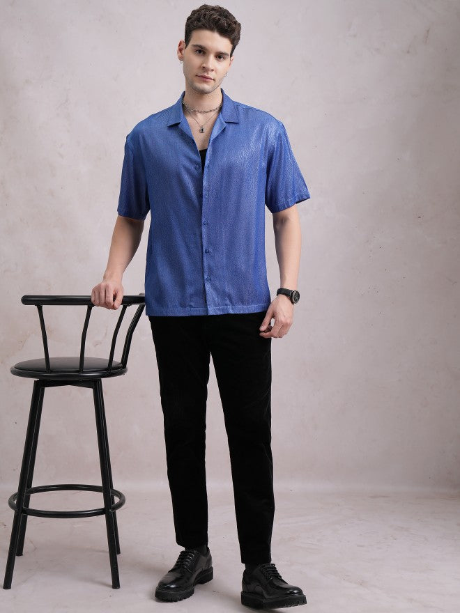 Highlander Men Blue Self Design Oversized Fit Casual Shirt - Blue - Image 2