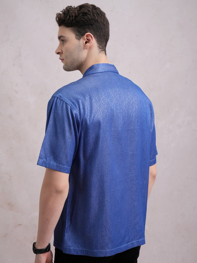 Highlander Men Blue Self Design Oversized Fit Casual Shirt - Blue - Image 3