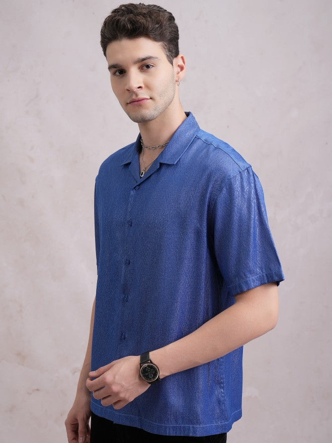 Highlander Men Blue Self Design Oversized Fit Casual Shirt - Blue - Image 4