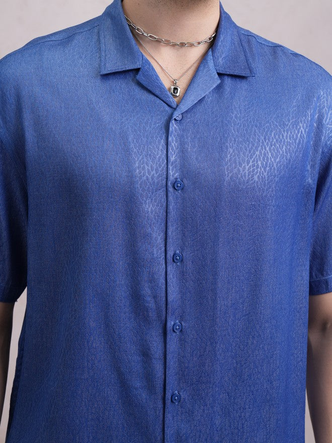 Highlander Men Blue Self Design Oversized Fit Casual Shirt - Blue - Image 5