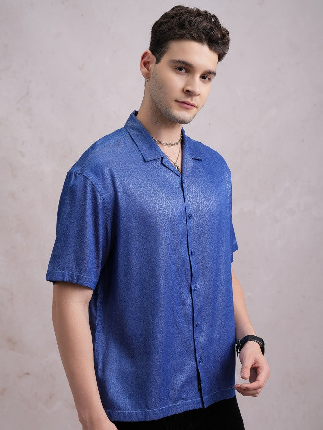 Highlander Men Blue Self Design Oversized Fit Casual Shirt - Blue - Image 6