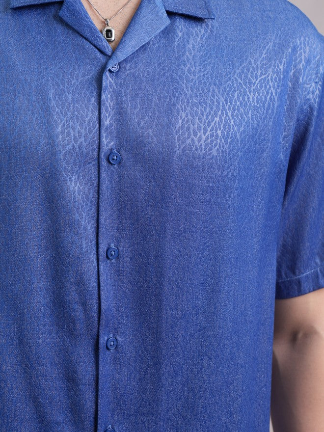 Highlander Men Blue Self Design Oversized Fit Casual Shirt - Blue - Image 7