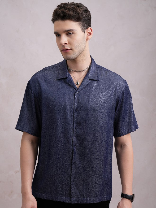 Highlander Men Navy Blue Self Design Oversized Fit Casual Shirt - Navy Blue - Image 1