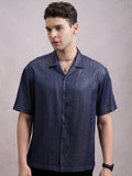 Highlander Men Navy Blue Self Design Oversized Fit Casual Shirt - Navy Blue - Image 1