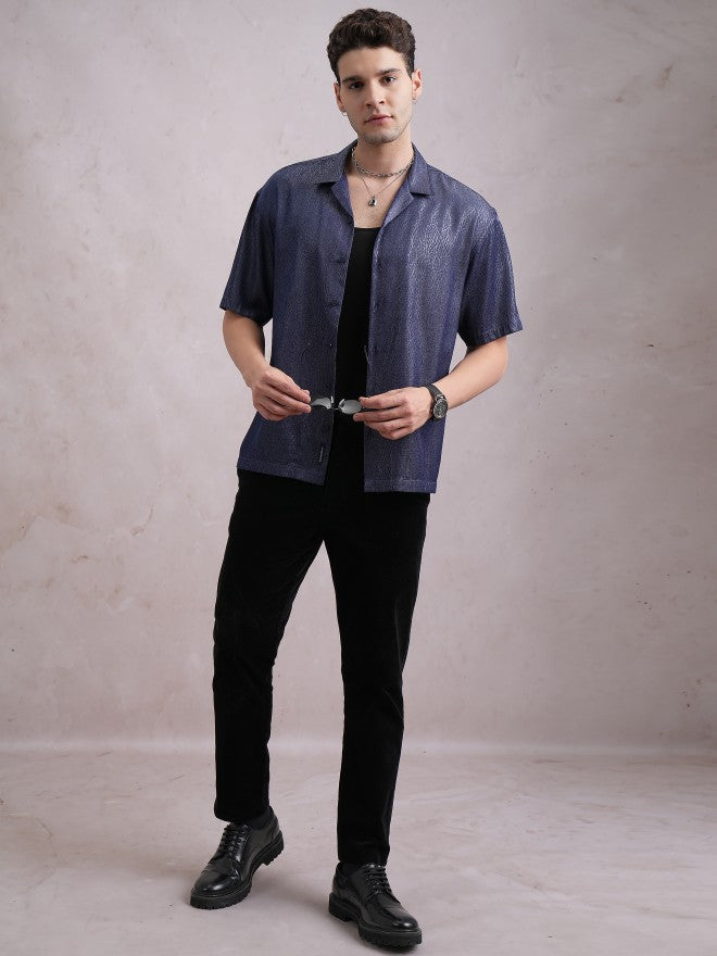 Highlander Men Navy Blue Self Design Oversized Fit Casual Shirt - Navy Blue - Image 2