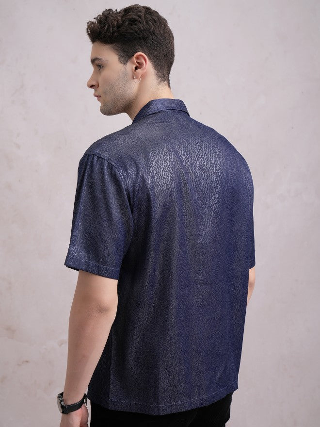 Highlander Men Navy Blue Self Design Oversized Fit Casual Shirt - Navy Blue - Image 3