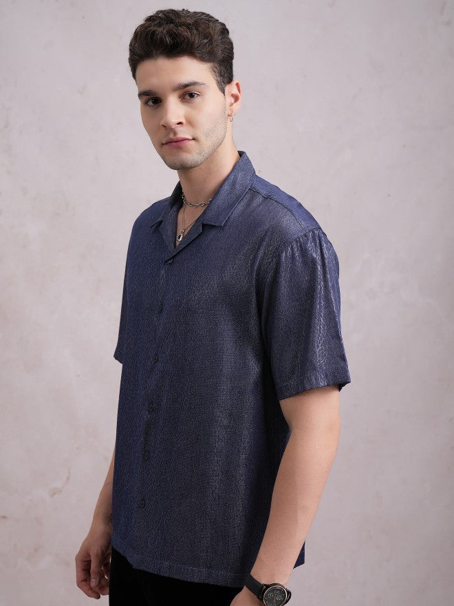 Highlander Men Navy Blue Self Design Oversized Fit Casual Shirt - Navy Blue - Image 4