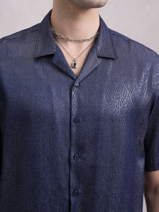 Highlander Men Navy Blue Self Design Oversized Fit Casual Shirt - Navy Blue - Image 5