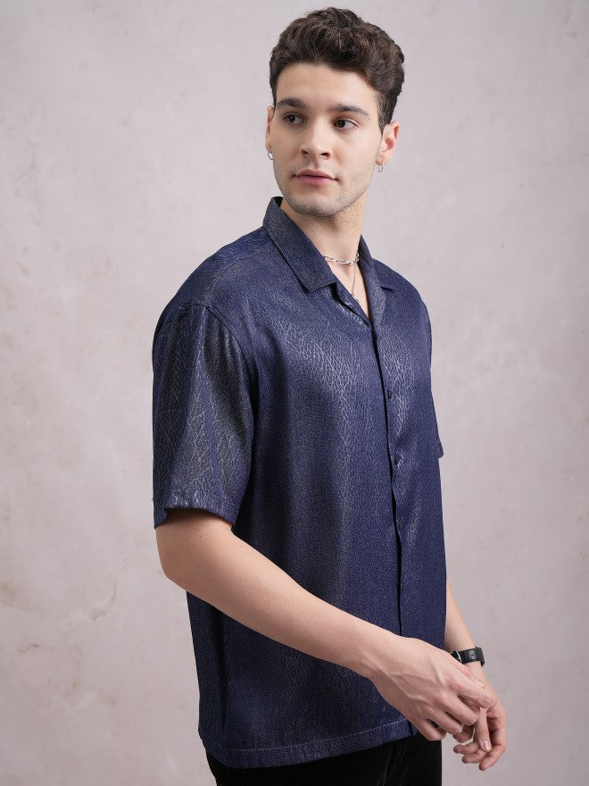 Highlander Men Navy Blue Self Design Oversized Fit Casual Shirt - Navy Blue - Image 6
