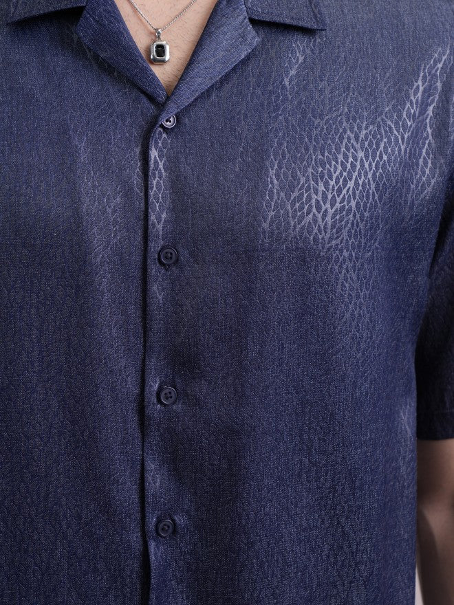Highlander Men Navy Blue Self Design Oversized Fit Casual Shirt - Navy Blue - Image 7