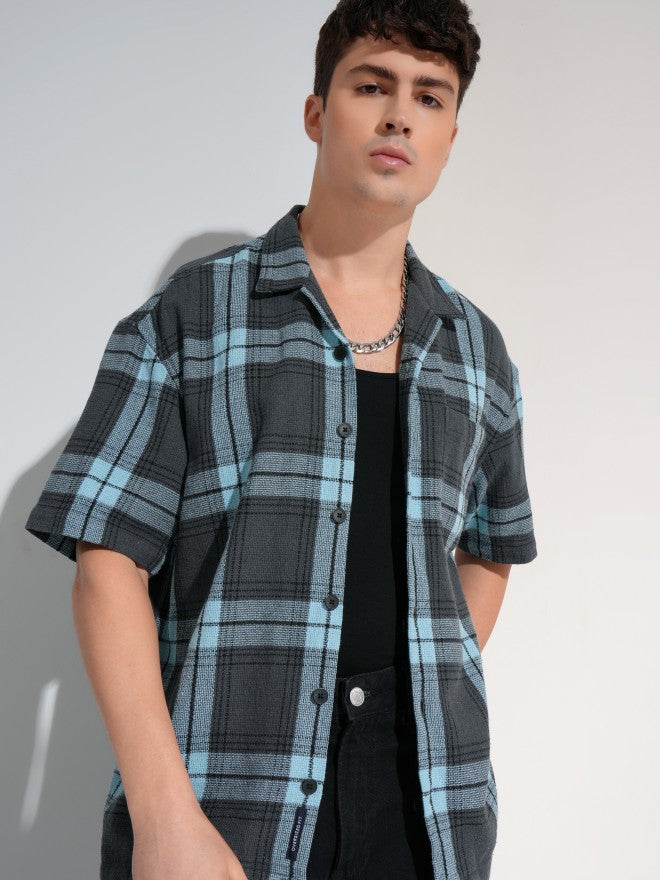 Highlander Men Grey Checked Oversized Fit Casual Shirt - Grey - Image 1