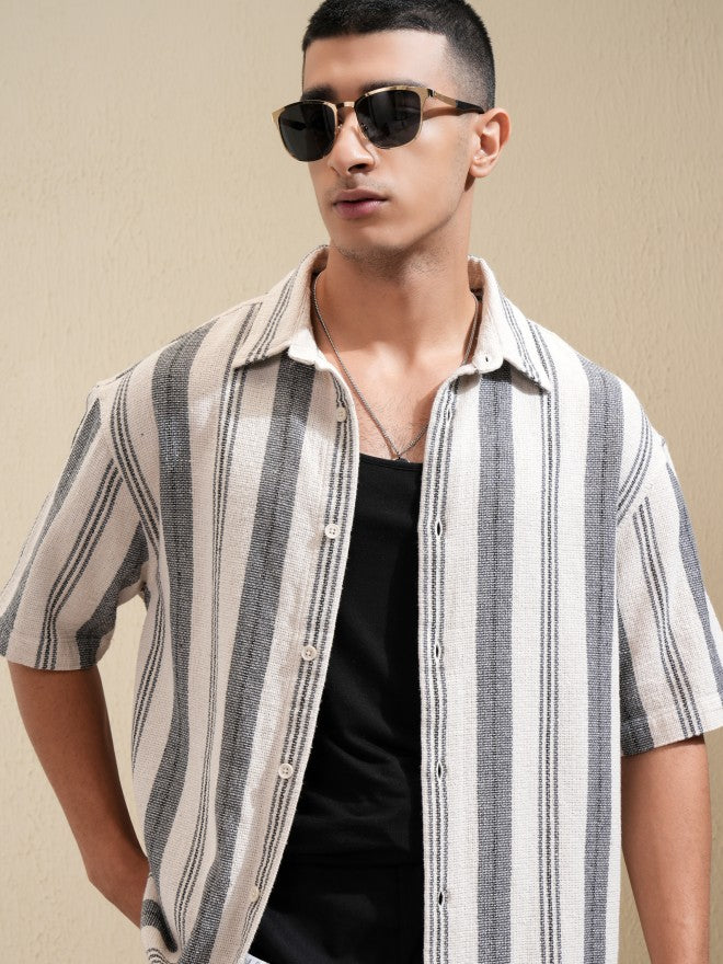 Highlander Men Cream Striped Oversized Fit Casual Shirt - Cream - Image 1