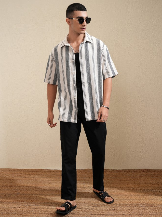 Highlander Men Cream Striped Oversized Fit Casual Shirt - Cream - Image 2