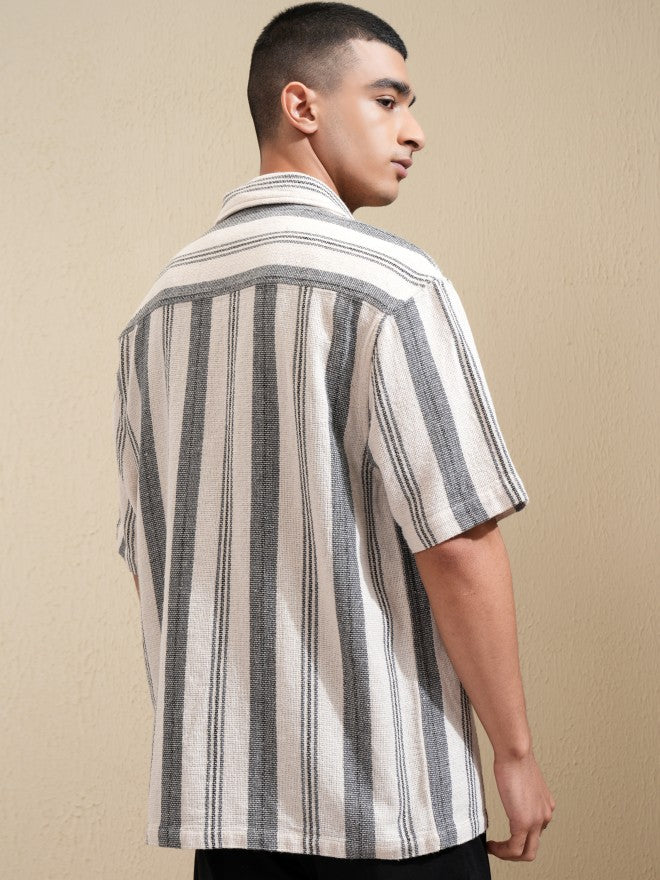 Highlander Men Cream Striped Oversized Fit Casual Shirt - Cream - Image 3