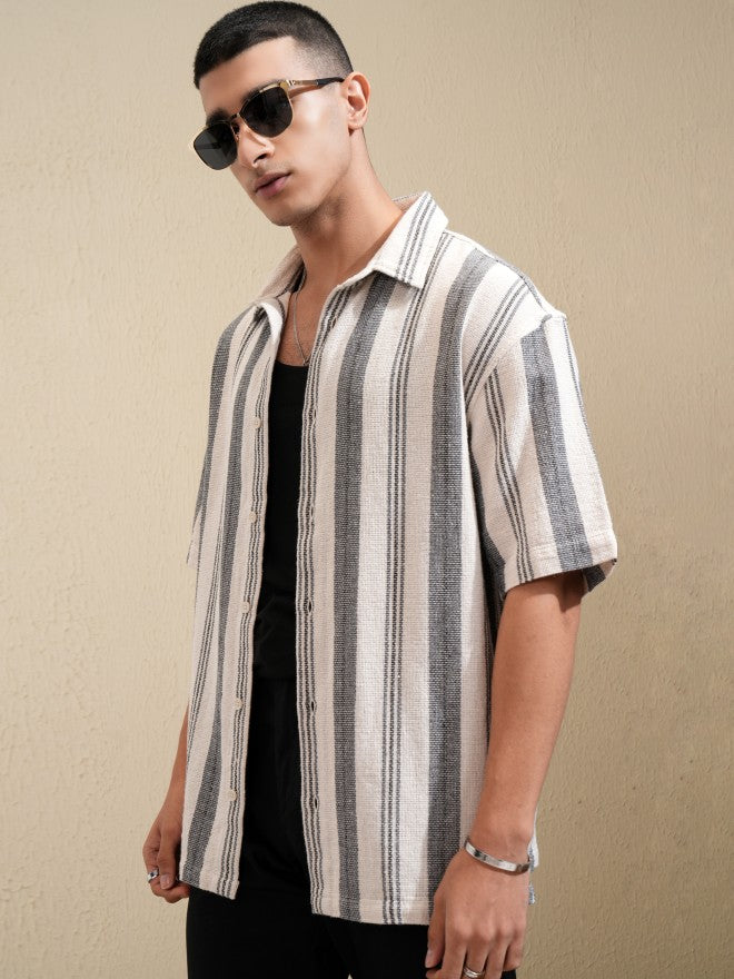 Highlander Men Cream Striped Oversized Fit Casual Shirt - Cream - Image 4