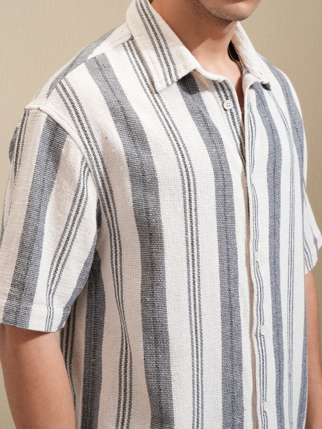 Highlander Men Cream Striped Oversized Fit Casual Shirt - Cream - Image 5