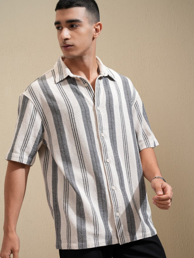 Highlander Men Cream Striped Oversized Fit Casual Shirt - Cream - Image 6