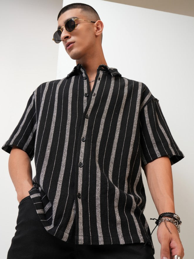 Highlander Men Black Striped Oversized Fit Casual Shirt - Black - Image 1