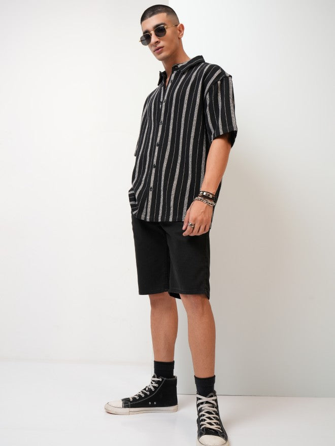 Highlander Men Black Striped Oversized Fit Casual Shirt - Black - Image 2