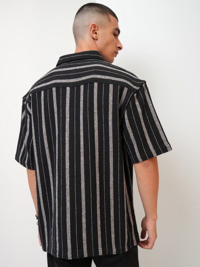 Highlander Men Black Striped Oversized Fit Casual Shirt - Black - Image 3