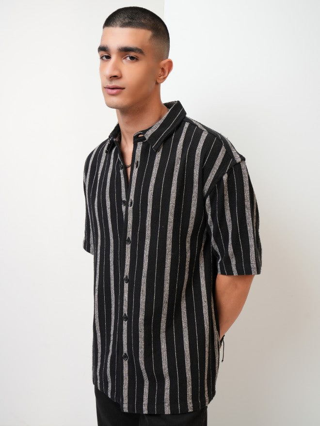 Highlander Men Black Striped Oversized Fit Casual Shirt - Black - Image 4