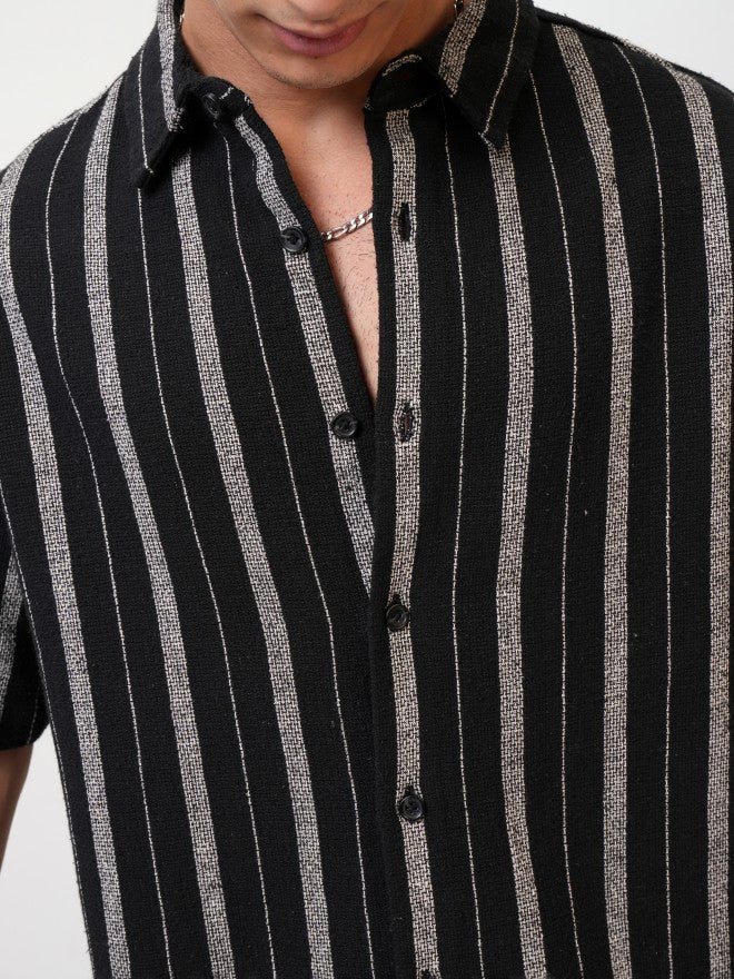 Highlander Men Black Striped Oversized Fit Casual Shirt - Black - Image 5