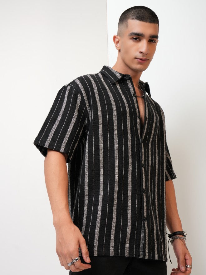 Highlander Men Black Striped Oversized Fit Casual Shirt - Black - Image 6