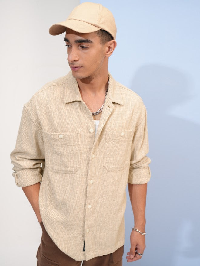 Highlander Men Beige Checked Oversized Fit Overshirt - Beige - Image 4