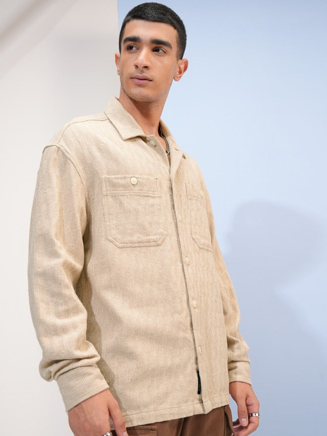 Highlander Men Beige Checked Oversized Fit Overshirt - Beige - Image 6