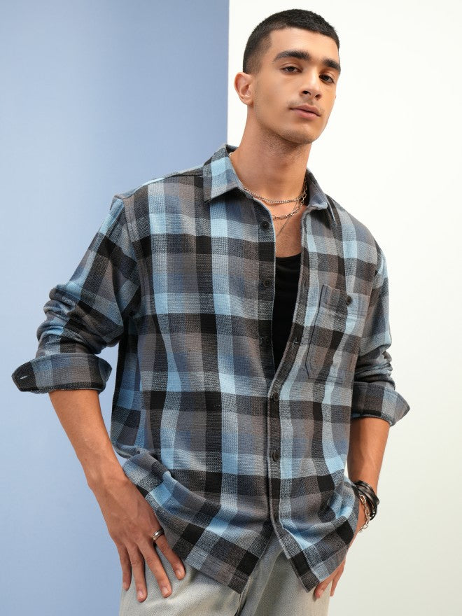 Highlander Men Blue Checked Oversized Fit Overshirt - Blue - Image 1