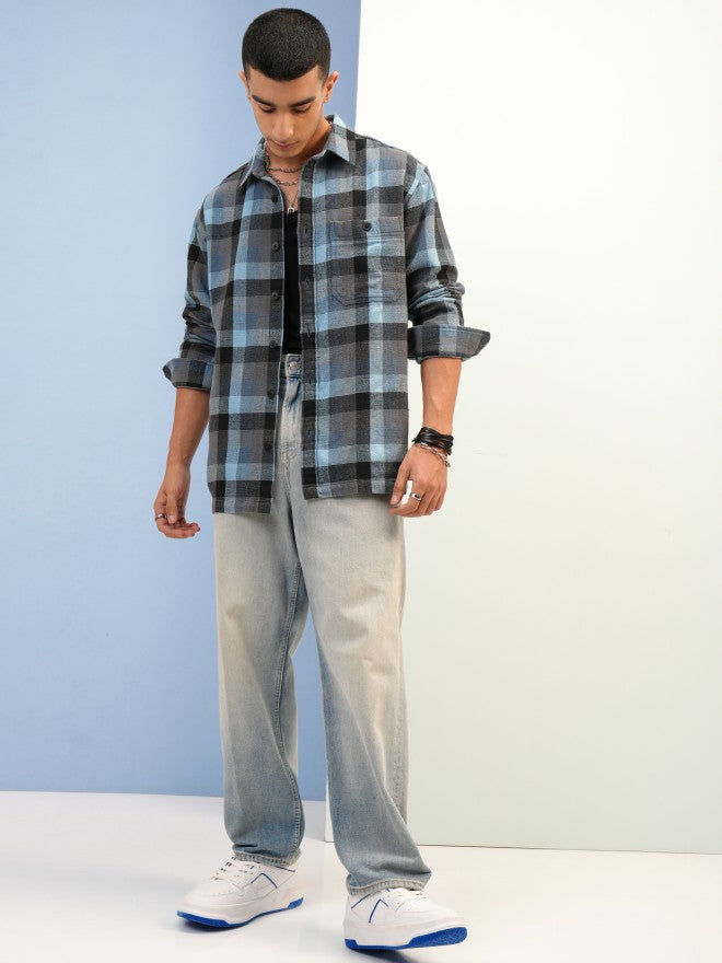 Highlander Men Blue Checked Oversized Fit Overshirt - Blue - Image 2