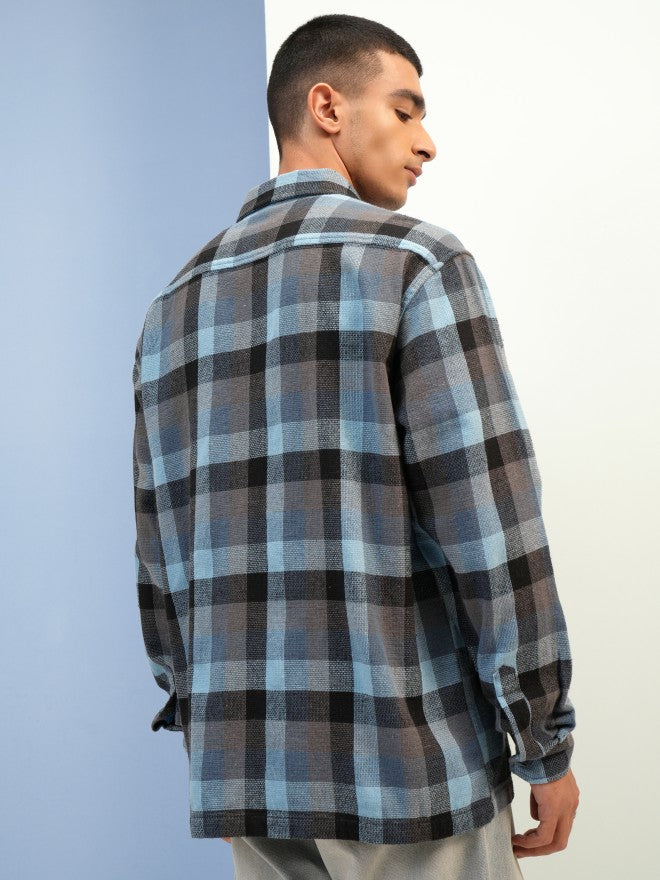 Highlander Men Blue Checked Oversized Fit Overshirt - Blue - Image 3