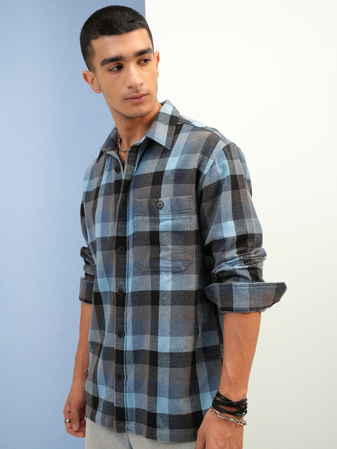 Highlander Men Blue Checked Oversized Fit Overshirt - Blue - Image 4