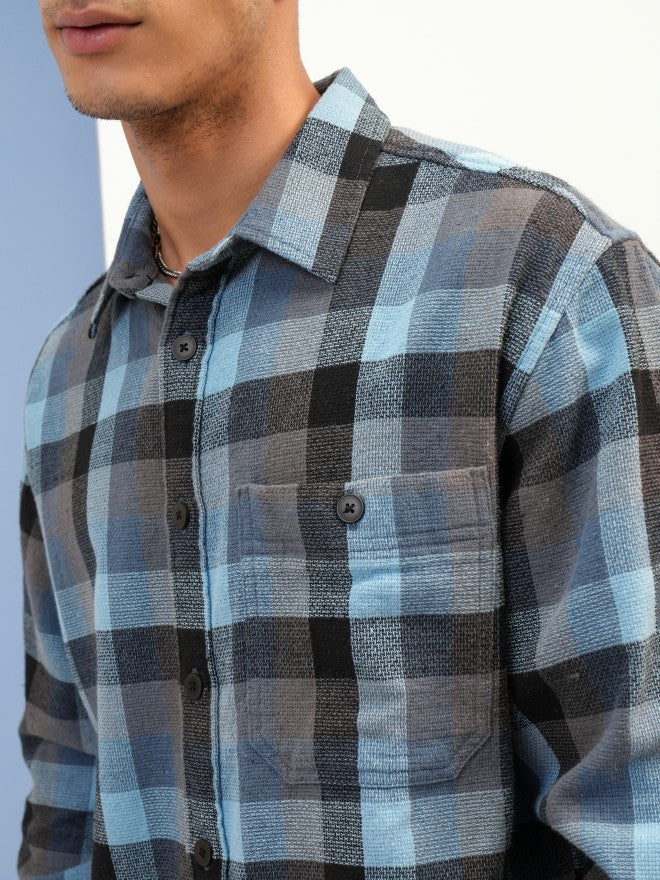 Highlander Men Blue Checked Oversized Fit Overshirt - Blue - Image 5