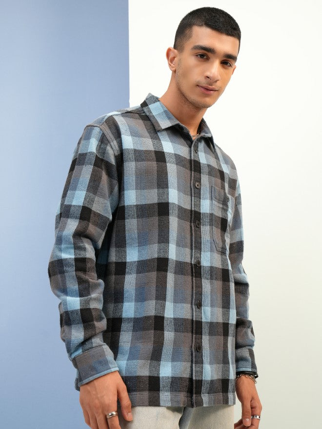 Highlander Men Blue Checked Oversized Fit Overshirt - Blue - Image 6