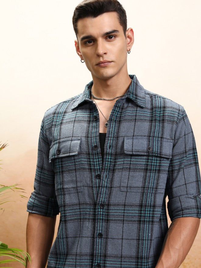 Highlander Men Blue Checked Oversized Fit Casual Shirt - Blue - Image 1