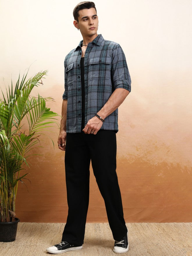 Highlander Men Blue Checked Oversized Fit Casual Shirt - Blue - Image 2