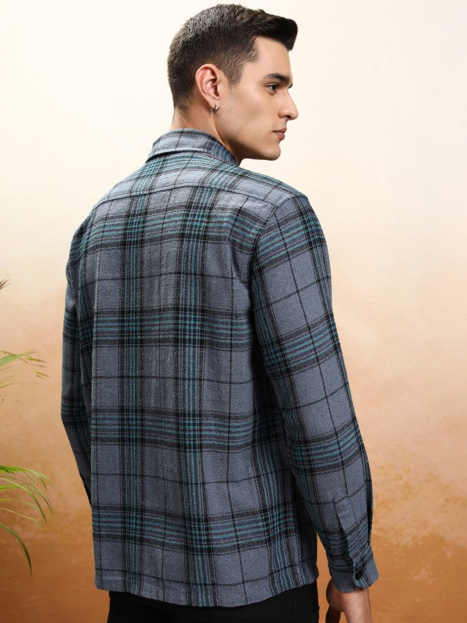 Highlander Men Blue Checked Oversized Fit Casual Shirt - Blue - Image 3