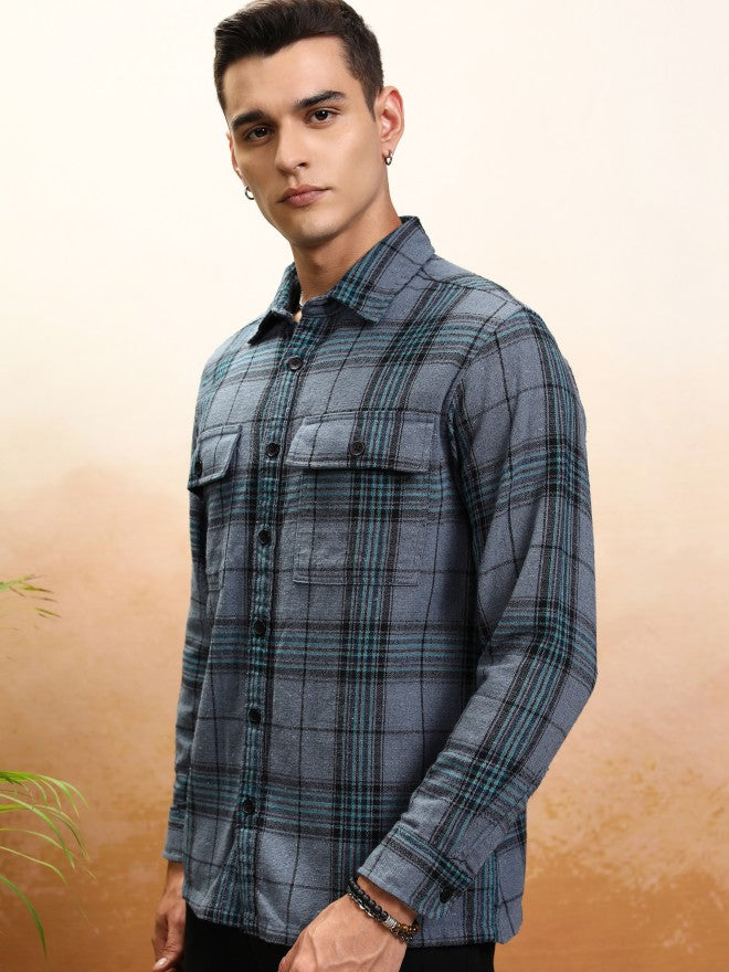 Highlander Men Blue Checked Oversized Fit Casual Shirt - Blue - Image 4