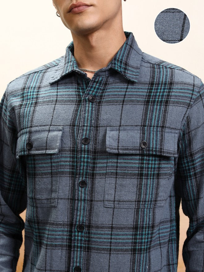 Highlander Men Blue Checked Oversized Fit Casual Shirt - Blue - Image 5