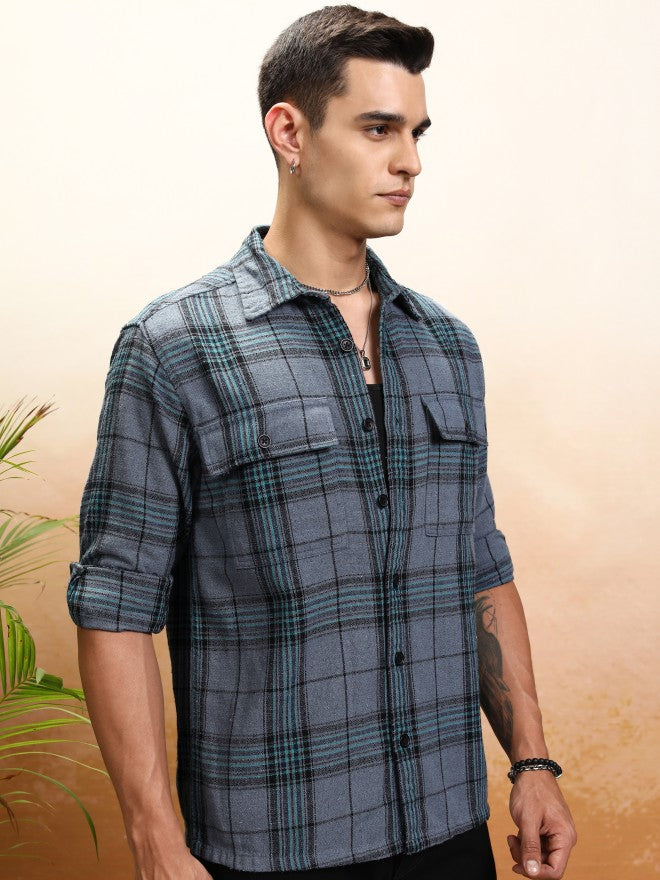 Highlander Men Blue Checked Oversized Fit Casual Shirt - Blue - Image 6